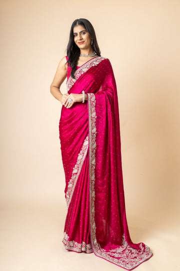 Magenta Satin Swarovski Saree With Zari Thread Work