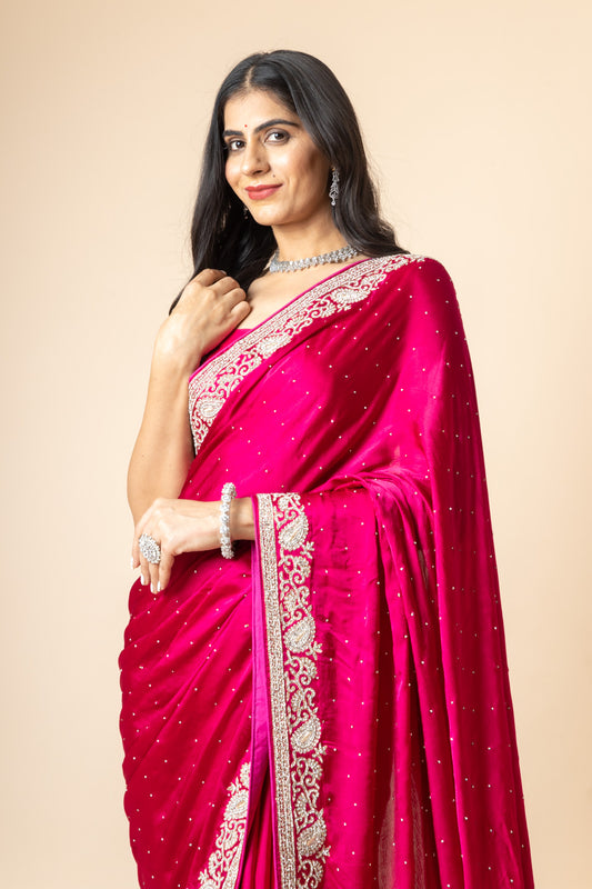 Magenta Satin Swarovski Saree With Zari Thread Work