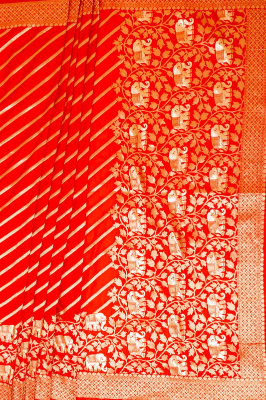 Red Banarasi Woven Zari Saree With Unstitched Blouse (Ft:- Shweta Kumar)