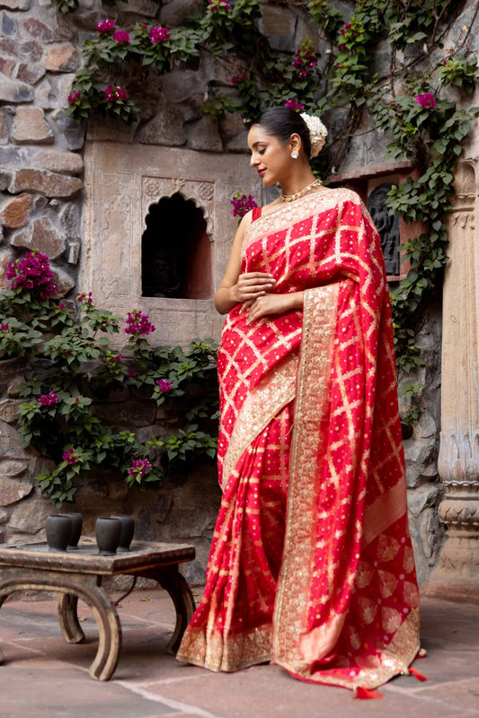 Red Dolna Silk Embroidered Saree With Unstitched Blouse (Ft:-Arti Chauhan)