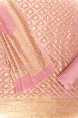 Gajari Khaddi Georgette Unstitched Suit And Dupatta With Banarasi Woven Zari