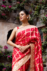 Red Dolna Silk Embroidered Saree With Unstitched Blouse (Ft:-Arti Chauhan)