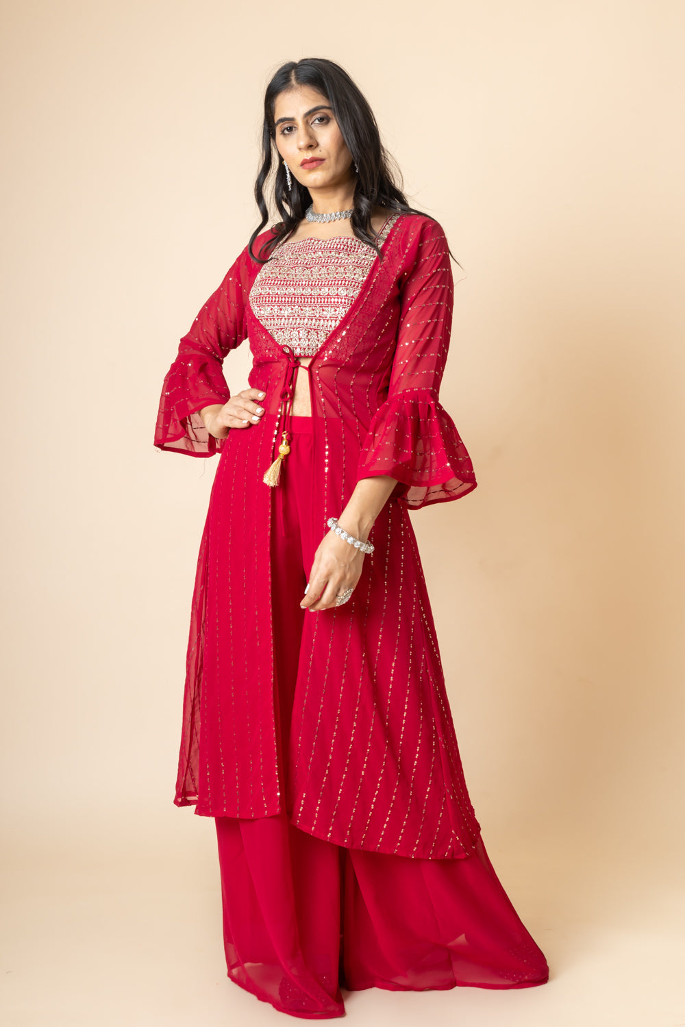 Maroon Georgette Short Top Sharara Set With Shrug