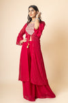 Maroon Georgette Short Top Sharara Set With Shrug