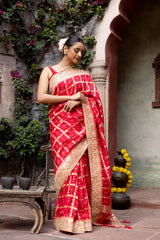 Red Dolna Silk Embroidered Saree With Unstitched Blouse (Ft:-Arti Chauhan)