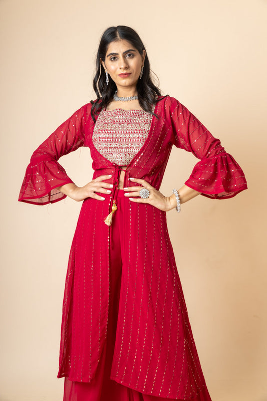 Maroon Georgette Short Top Sharara Set With Shrug