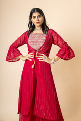 Maroon Georgette Short Top Sharara Set With Shrug