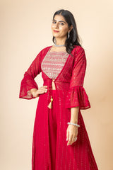 Maroon Georgette Short Top Sharara Set With Shrug