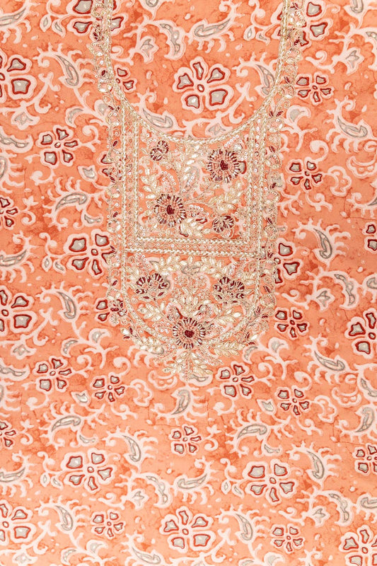 Peach Cotton Unstitched Suit With Chiffon Dupatta