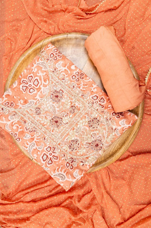 Peach Cotton Unstitched Suit With Chiffon Dupatta