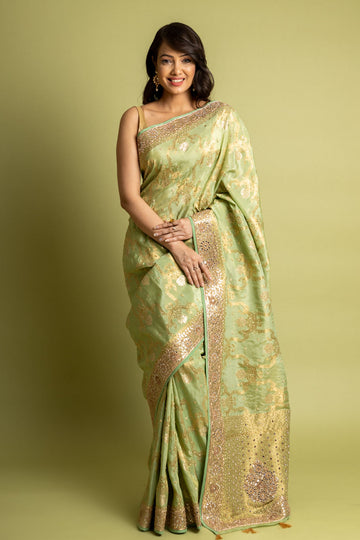 Pista Dolna Banarasi Woven Embroidered Saree With Unstitched Blouse