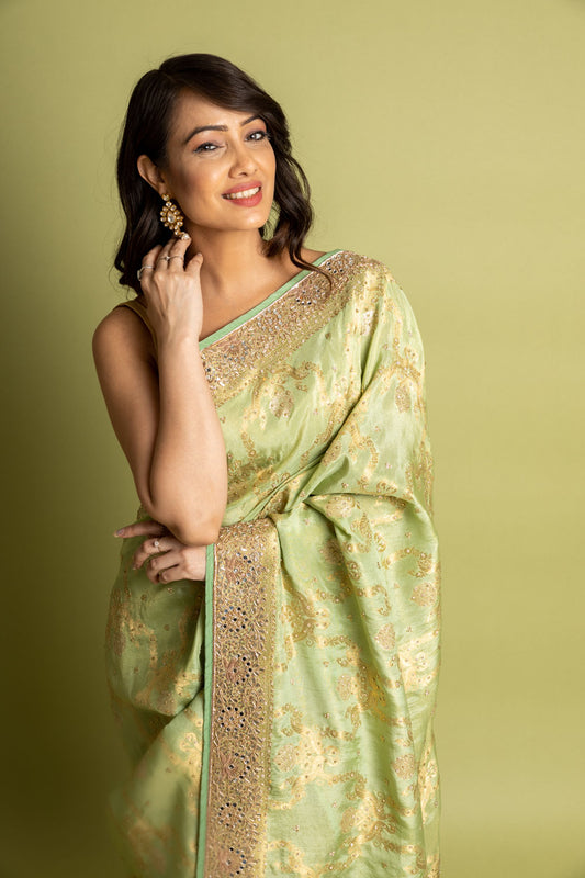 Pista Dolna Banarasi Woven Embroidered Saree With Unstitched Blouse