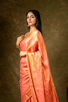 Coral South Indian Silk Saree With Unstitched Blouse