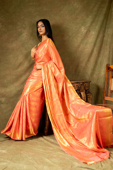 Coral South Indian Silk Saree With Unstitched Blouse