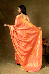 Coral South Indian Silk Saree With Unstitched Blouse