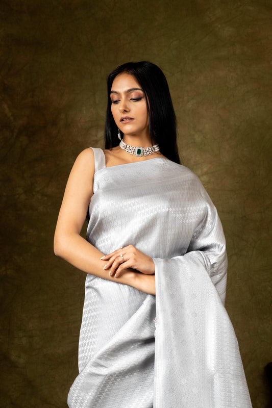 Grey South Indian Silk Saree With Unstitched Blouse