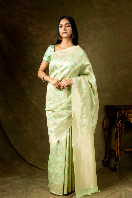 Sea Green Chanderi Cotton Woven Zari Saree With Unstitched Blouse