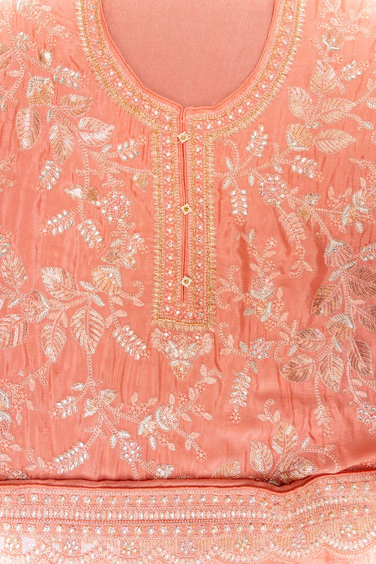 Peach Chinon Unstitched Suit With Chiffon Dupatta