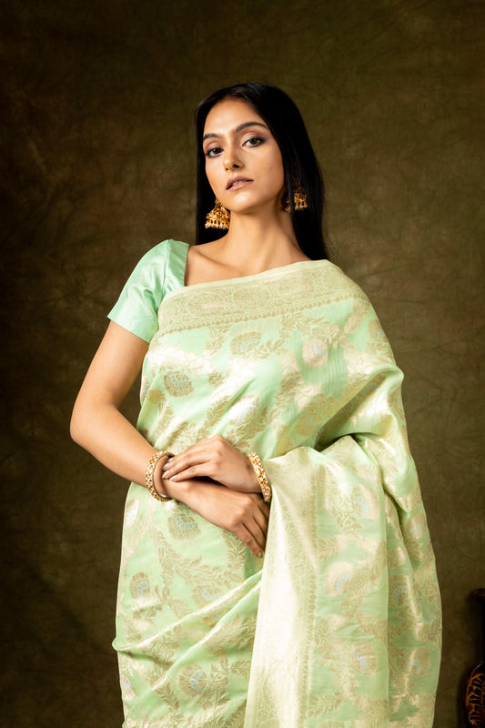 Sea Green Chanderi Cotton Woven Zari Saree With Unstitched Blouse