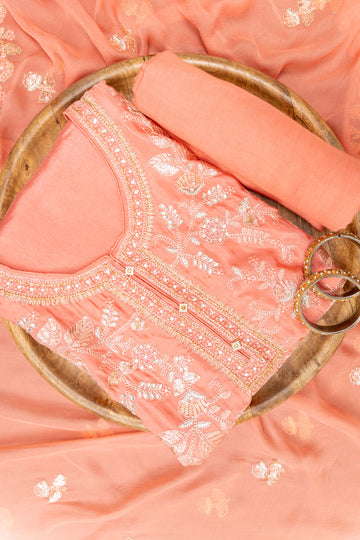 Peach Chinon Unstitched Suit With Chiffon Dupatta