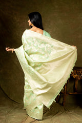 Sea Green Chanderi Cotton Woven Zari Saree With Unstitched Blouse