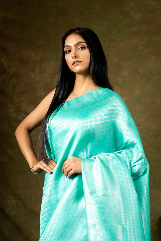 Tea-green South Indian Silk Saree With Unstitched Blouse