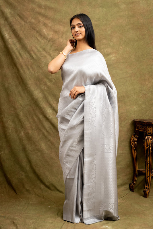 Grey South Indian Silk Woven Zari Saree With Unstitched Blouse