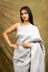 Grey South Indian Silk Woven Zari Saree With Unstitched Blouse