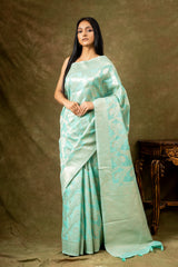 Tea-green Chanderi Cotton Woven Zari Saree With Unstitched Blouse