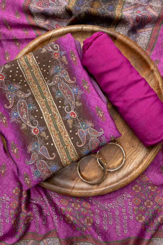 Mauve Crepe Unstitched Suit With Cotton Dupatta