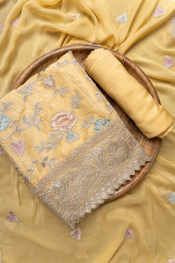 Lemon Gold Organza Unstitched Suit With Chiffon Dupatta