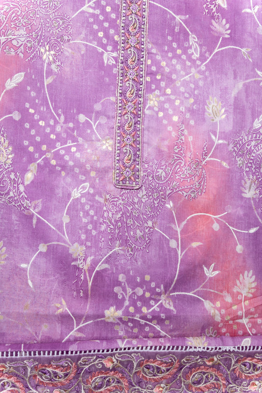 Mauve Floral Printed Cotton Unstitched Suit With Dupatta