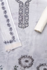 White Digital Printed Cotton Unstitched Suit With Dupatta