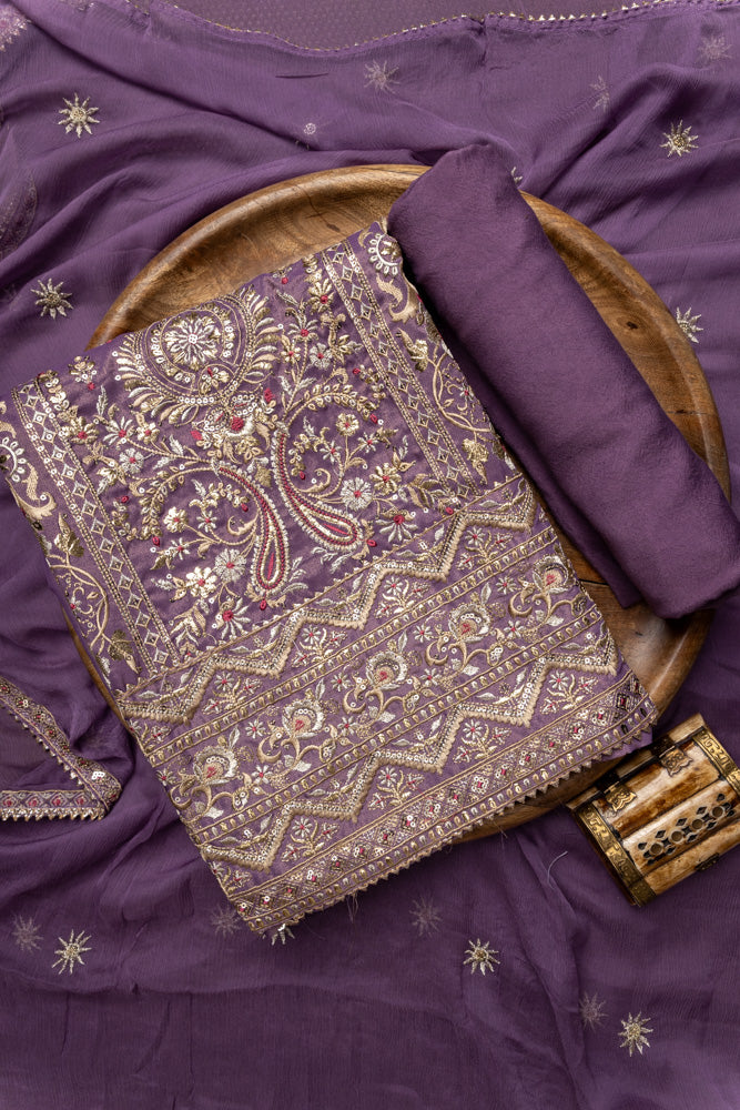 Mauve Tissue Unstitched Suit With Chiffon Dupatta