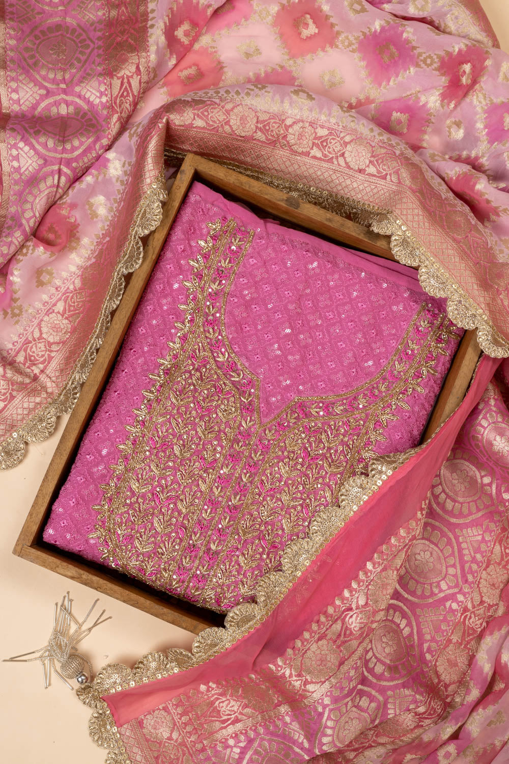 Pink Georgette Unstitched Suit With Organza Dupatta