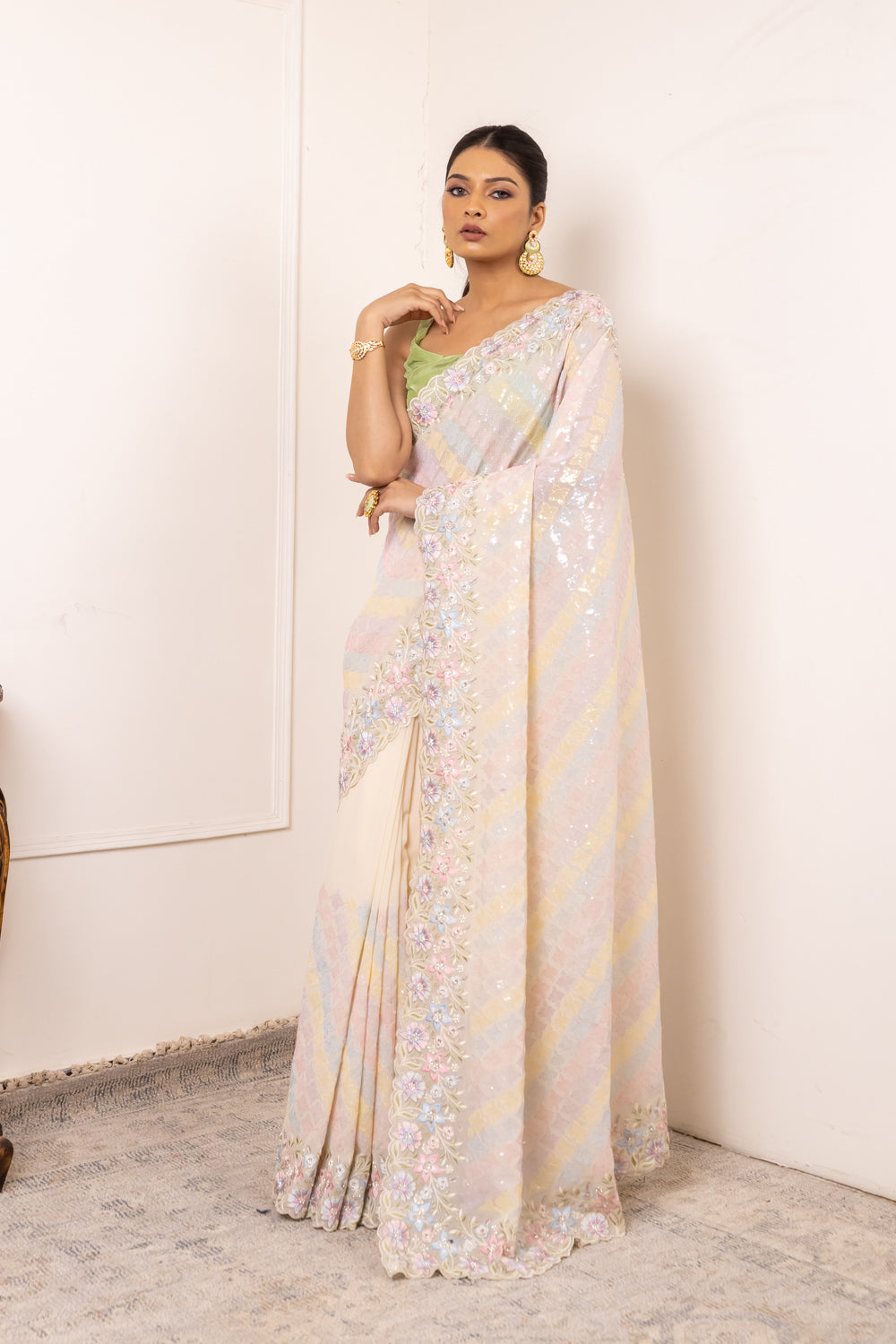 Off White Georgette Embroidered Sequence Saree (Ft:-Minakshi Satpathy)