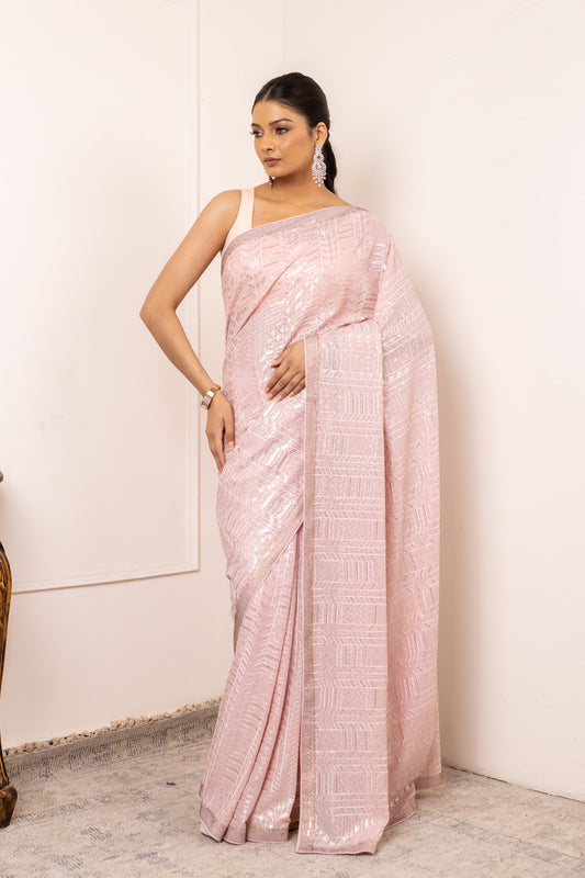 Peach Georgette Embroidered Sequence Saree With Unstitched Blouse