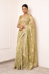 Pista Organza Embroidered Saree With Unstitched Blouse