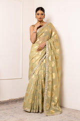 Pista Organza Embroidered Saree With Unstitched Blouse