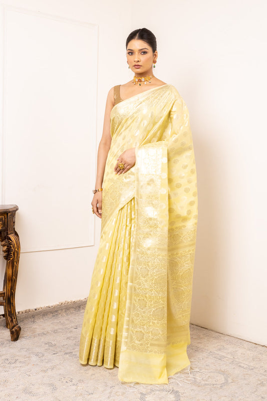 Lemon Gold Dola Banarasi Woven Zari Saree With Unstitched Blouse