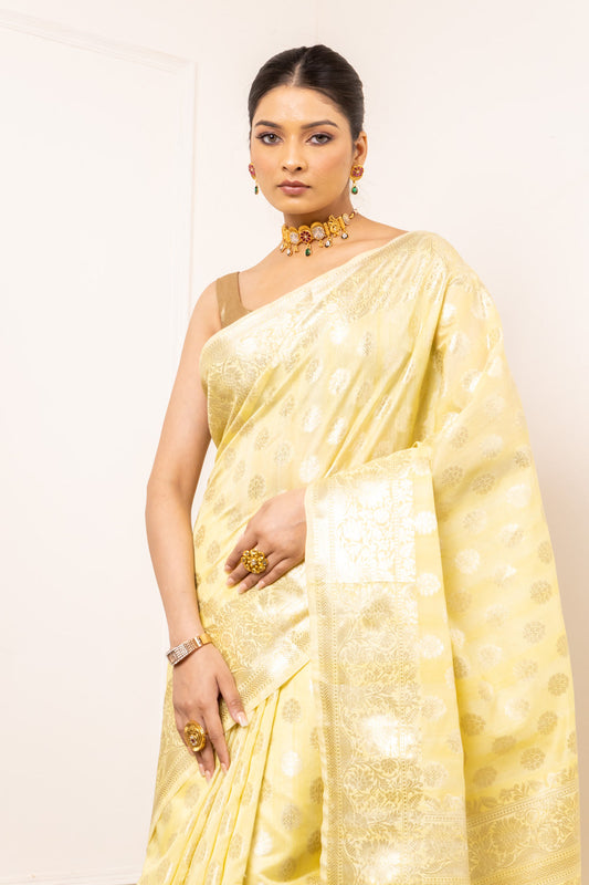 Lemon Gold Dola Banarasi Woven Zari Saree With Unstitched Blouse