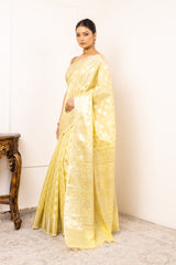 Lemon Gold Dola Banarasi Woven Zari Saree With Unstitched Blouse