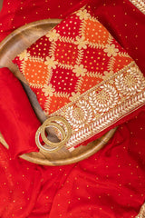 Orange Maroon Chinon Embroidered Unstitched Suit With Dupatta