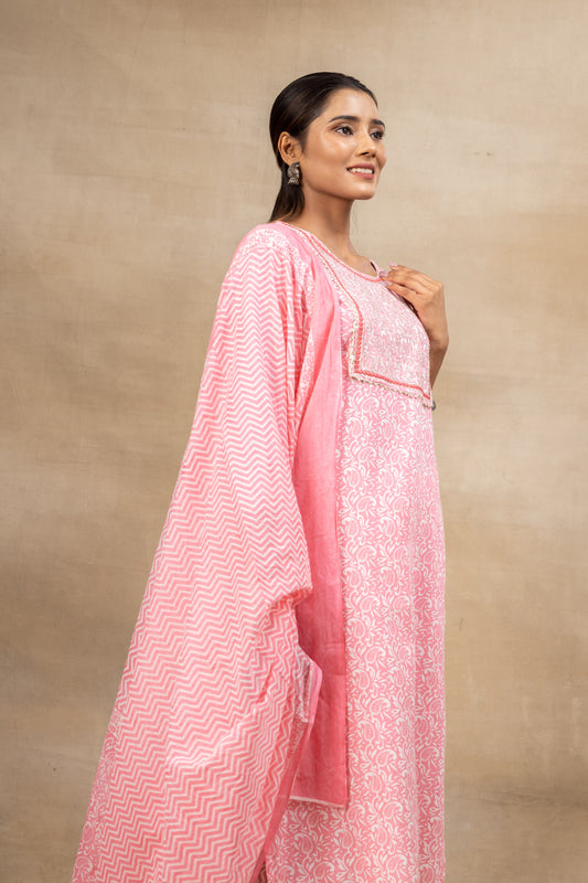 Peach Cotton Readymade Suit And Pant With Cotton Dupatta