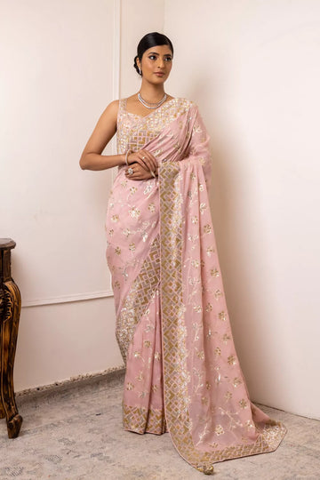 Peach Organza Swarovski Sequence Saree With Unstitched Blouse