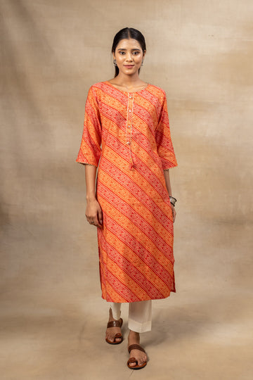 Red Bandhini Printed Muslin Readymade Long Kurta