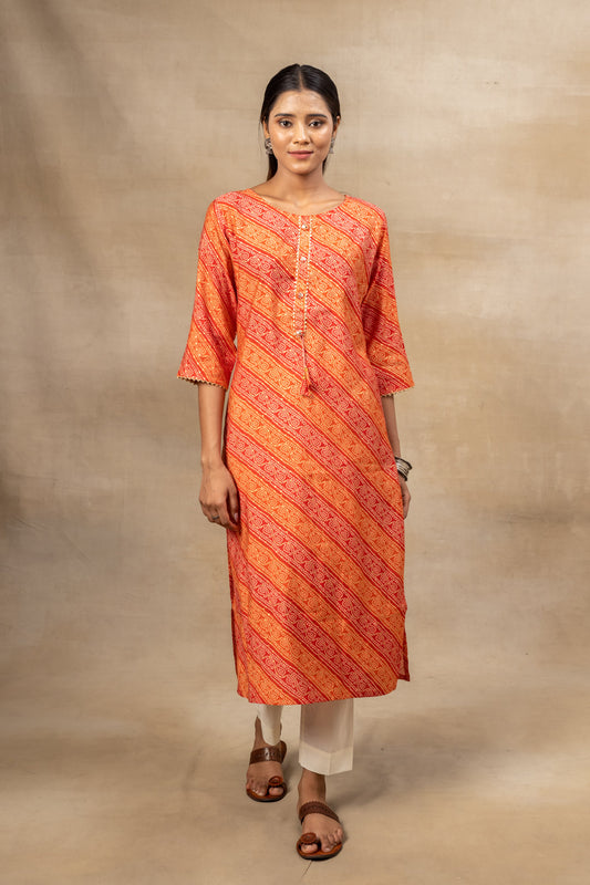 Red Bandhini Printed Muslin Long Kurta