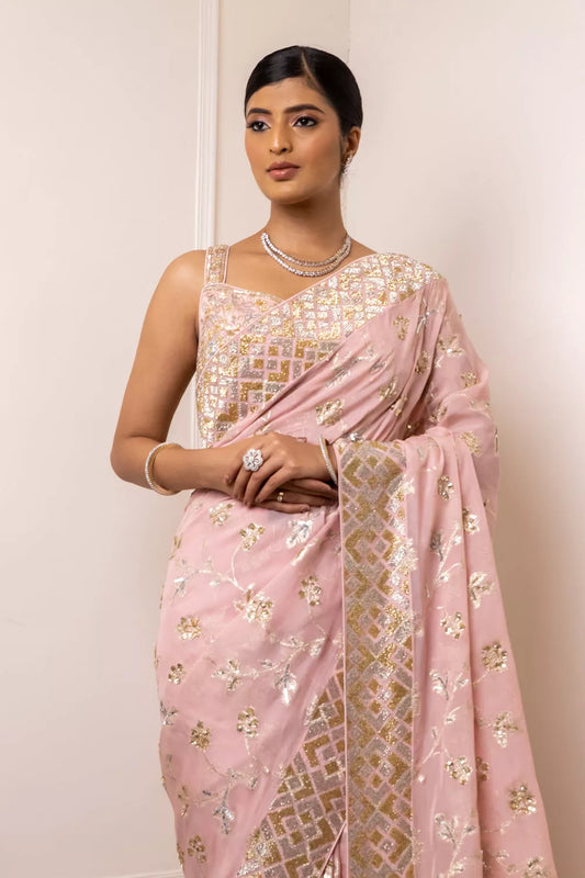 Peach Organza Swarovski Sequence Saree With Unstitched Blouse