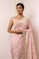 Peach Organza Swarovski Sequence Saree With Unstitched Blouse