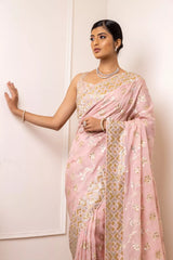 Peach Organza Swarovski Sequence Saree With Unstitched Blouse